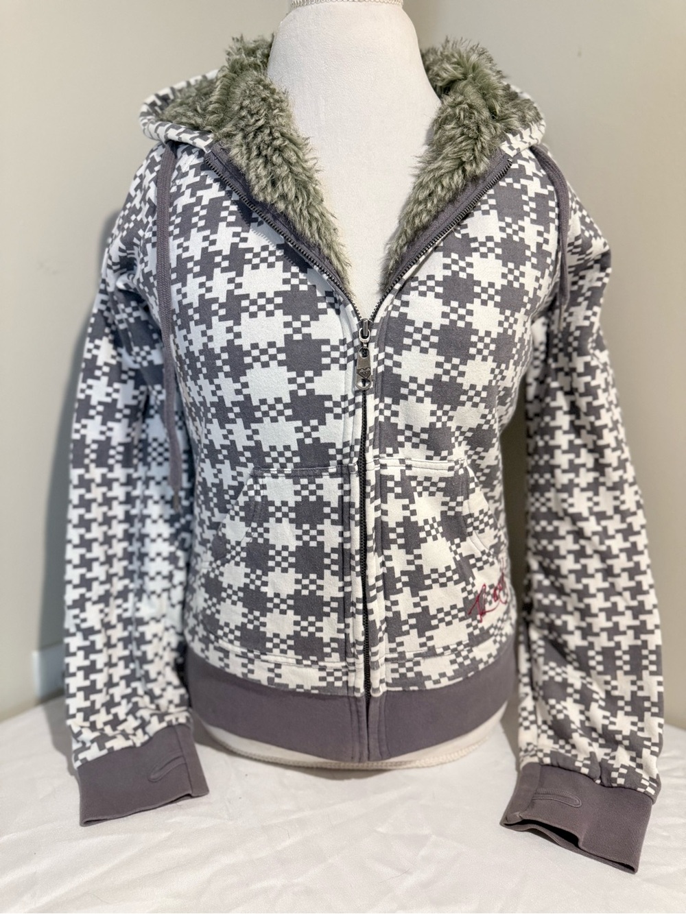 Roxy Gray & White Houndstooth Faux Fur-Lined Zip Hoodie